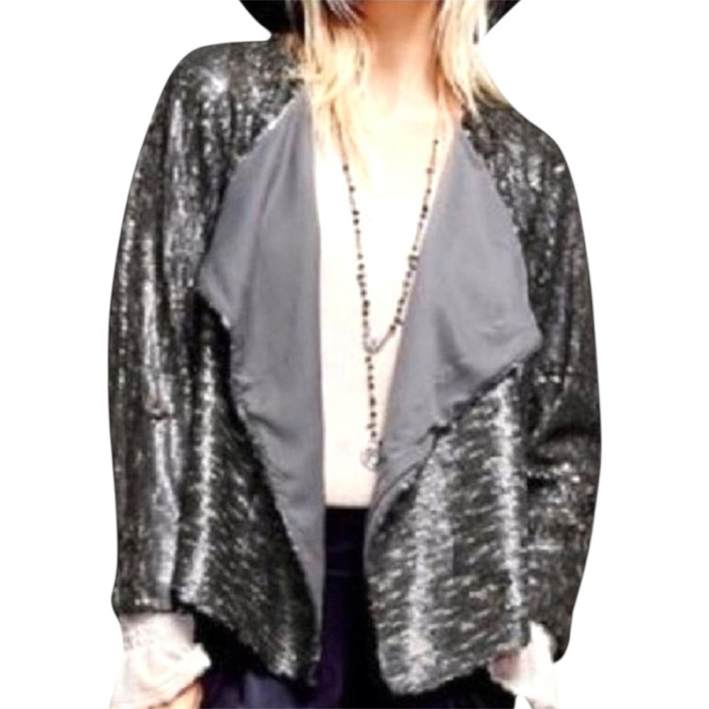 Free People Sequin Drape Open Front Jacket Size XS Gray Sparkle Indie Sleaze